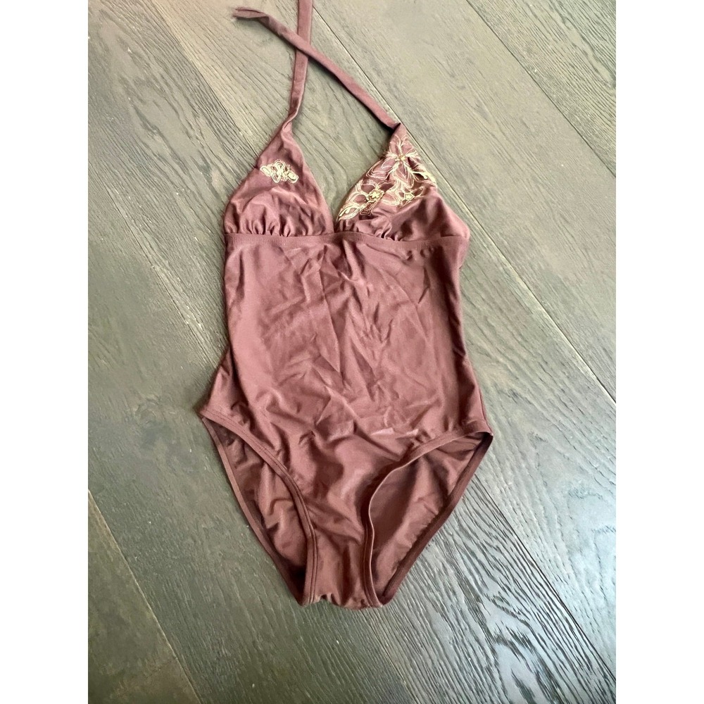 Ocean Dream Brown Emroidered Sequin Paisley Halter One-Piece‎ Swimsuit 10